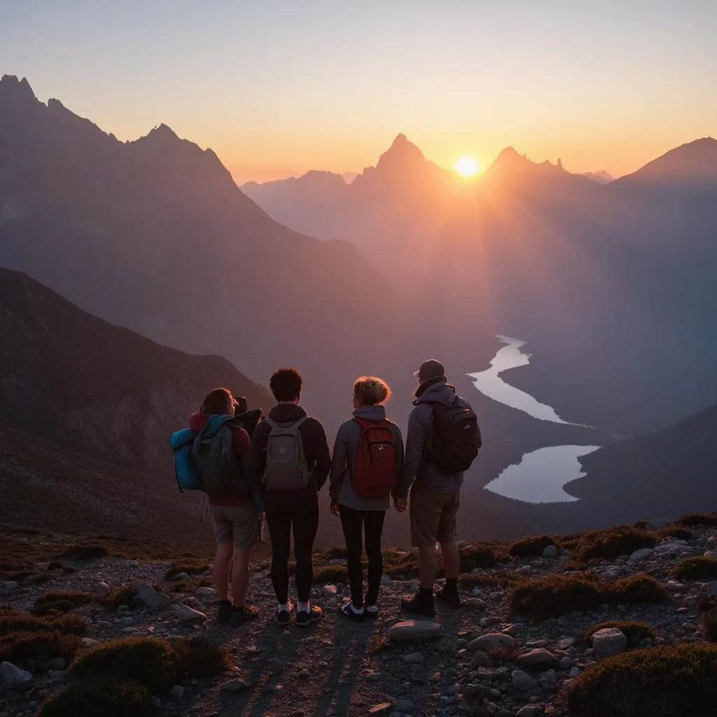Senderistas en la cima observando el amanecer