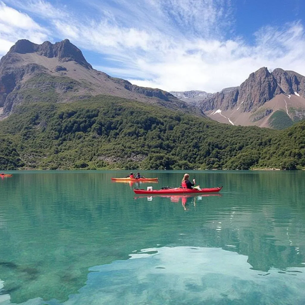 Grupo de viajeros navegando en lago